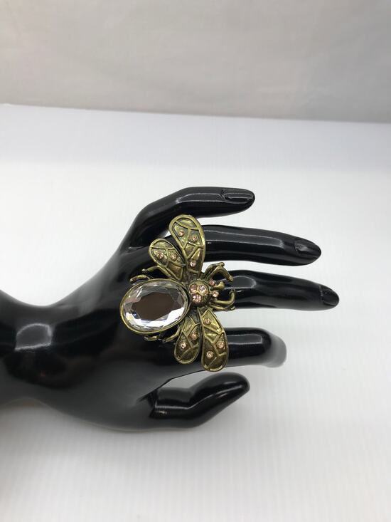 Unknown Jewelry - Retro Whimsigoth Baroque Brass Bee Crystal Stretchy Statement Ring 7.5